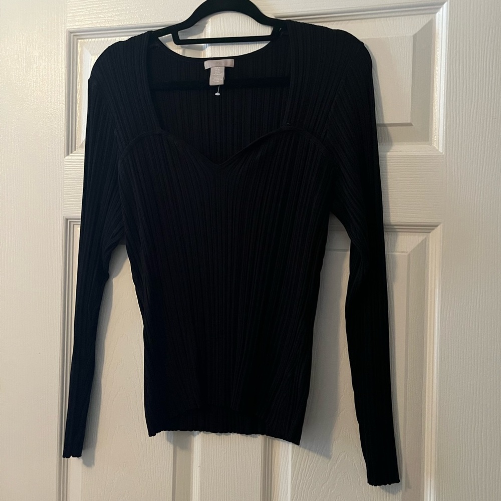 🖤H&M Black Ribbed Long Sleeve Sweetheart Neckline Top Winter Fall Size Medium🖤 - Picture 5 of 9